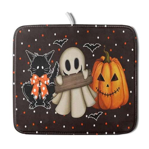 Fine 16 x18 Halloween Dish Drying Mat Spooky Pumpkin Ghost Black Cat Bats Kitchen Drainer Mats Holiday Gothic Reversible Microfiber Dish Drying Pad Small Size for Countertop Tabletop Decor Exclusive