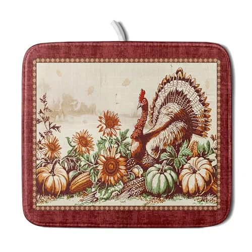 Sustainable Rustic Turkey Dish Drying Mat for Kitchen Countertop 16x18 inch Fall Thanksgiving Pumpkin Sunflowers Harvest Dish Drainer Mats Fast Drying Farmhouse Country Style Dish Drying Pad Holiday Decor Premium Material