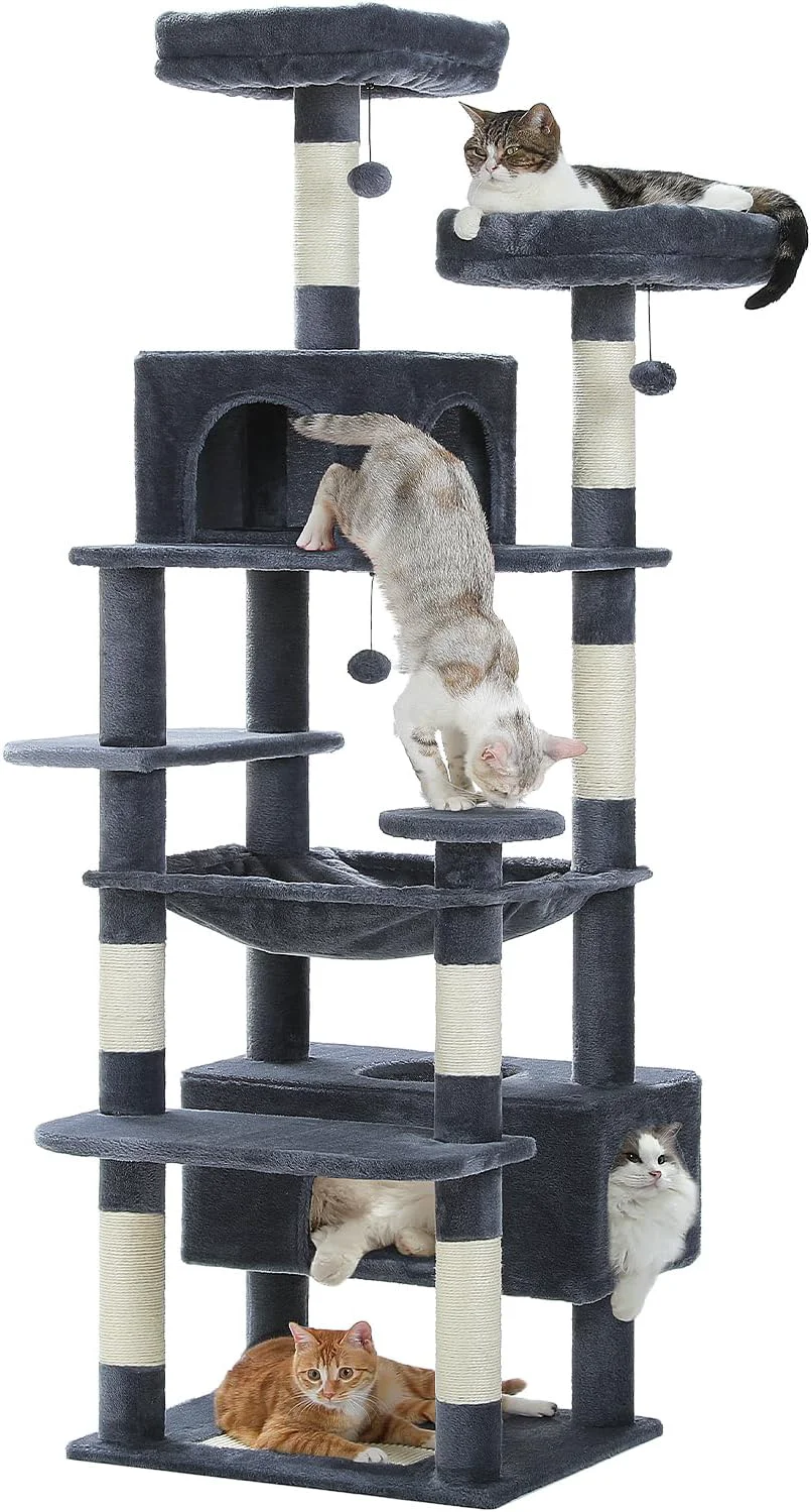 Genuine PAWZ Road Large Cat Tree 72 Inches Cat Tower for Large Cats Cat Condo with Sisal-Covered Scratching Posts and Pads 2 Padded Perch Dual Condo and Basket for Indoor Cats-Dark Gray Breathable