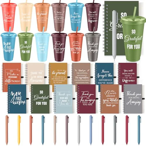 Eco-Friendly 36 Pcs Employee Appreciation Gifts Bulk 24 oz Thank You Tumbler with Lid and Straw Mini Spiral Notebooks and Pens Appreciation Gifts for Team Employee Coworkers Teacher 36 Count Safe