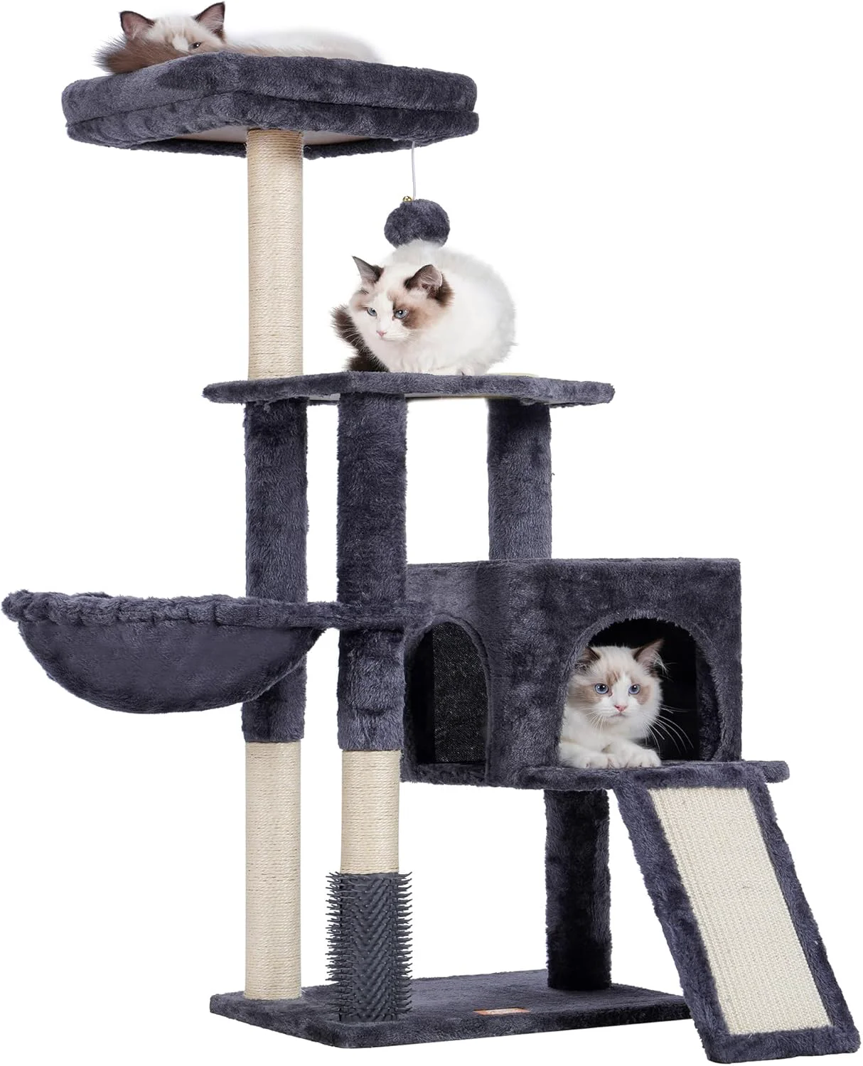 Contemporary Heybly Cat Tree with Cat Self Groomer Brush Cat Tower Condo for Indoor Cats with Padded Plush Perch Cat House with Basket Scratching Board Post Smoky Gray HCT005SG Durable