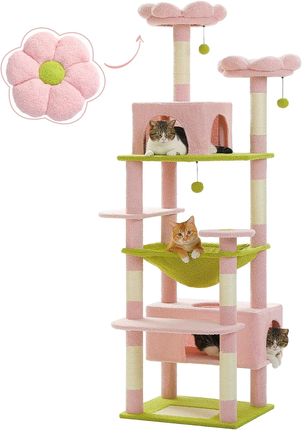Prestigious PAWZ Road Flower Cat Tree 72 Inches Large Cat Tower with Steel Frame Hammock and 7 Scratching Posts Tall Cat Tree with 2 Condos and Perches for Large Indoor Cats - Pink Fashionable
