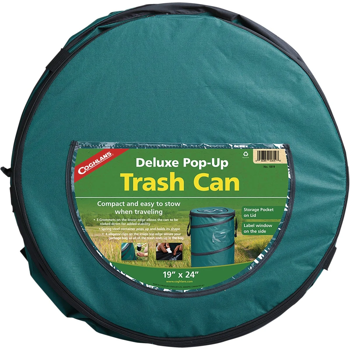 Powerful Coghlans 29.5 Gal. Green Polyester Deluxe Pop-Up Trash Can Artisan
