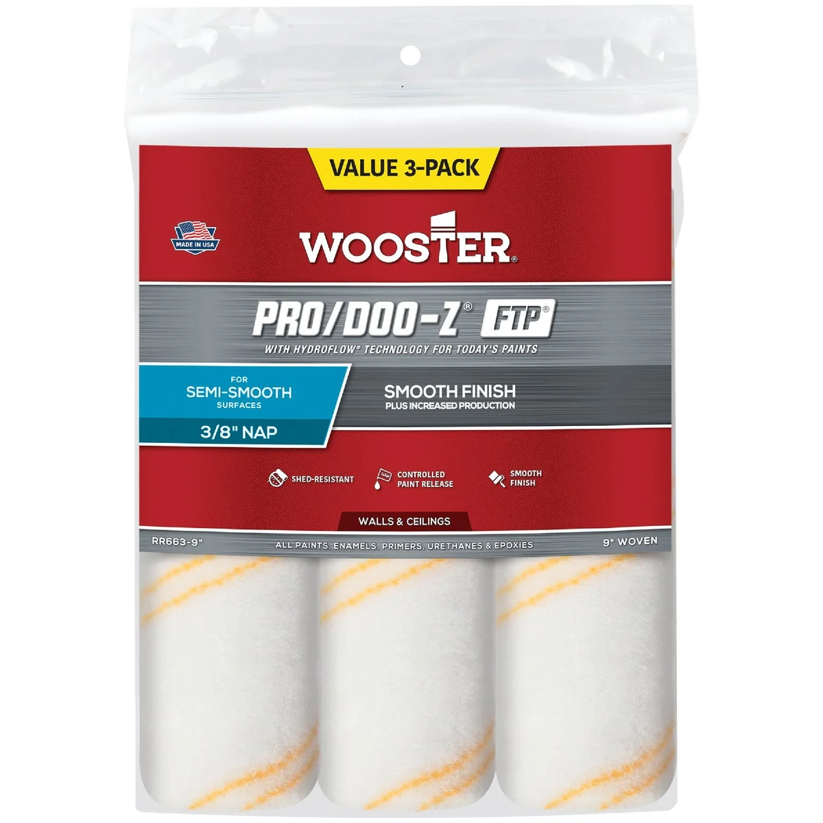 Responsible Wooster Pro Doo-Z FTP 9 In. x 3 8 In. Woven Fabric Roller Cover 3-Pack Effective