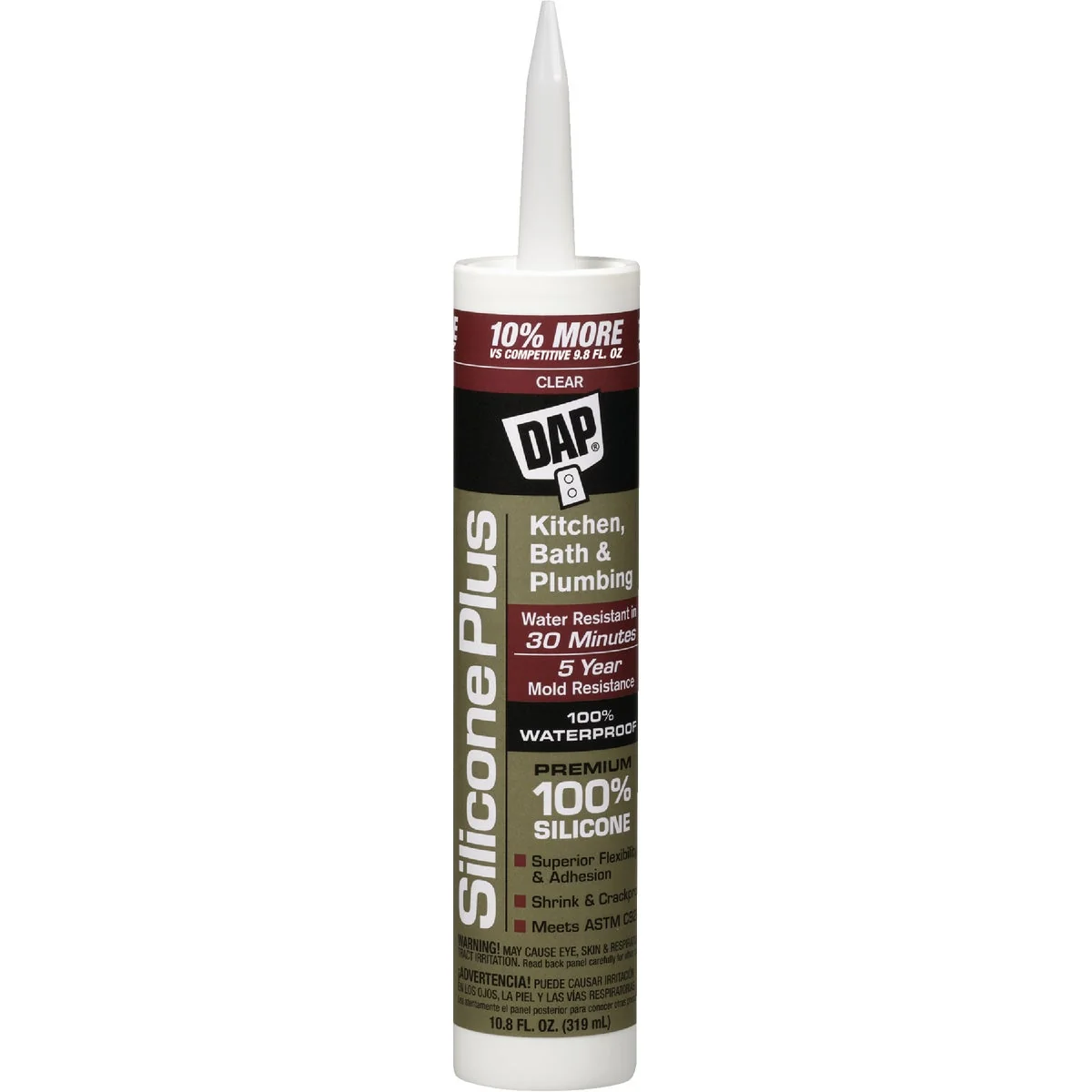 Versatile DAP Silicone Plus 10.8 Oz. Clear Premium Kitchen Bath Silicone Sealant Environmentally Friendly