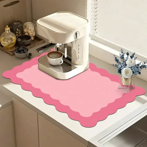 Lightweight Rose Pink Scalloped Coffee Mat for Countertop Coffee Bar Mat Matt Fast