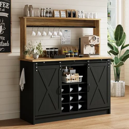 Consistent 47 Farmhouse Coffee Bar Cabinet with Storage Hutch Official