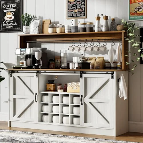 Superior 55 Farmhouse Coffee Bar Cabinet with Storage Hutch Premium Material