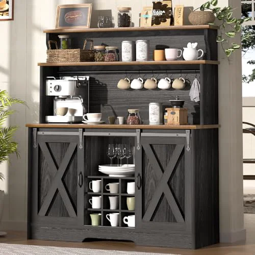 Solid Farmhouse Coffee Bar Cabinet with 3 Tier Storage Hutch Trusted