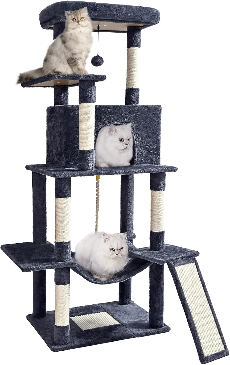 Relaxed Cat Tree Tower 63in Multi-Level Cat Tower for Indoor Cats with Sisal Scratching Posts Condo Hammock Dangling Ball and Extended Platform for Cats to Play Dark Grey Pure