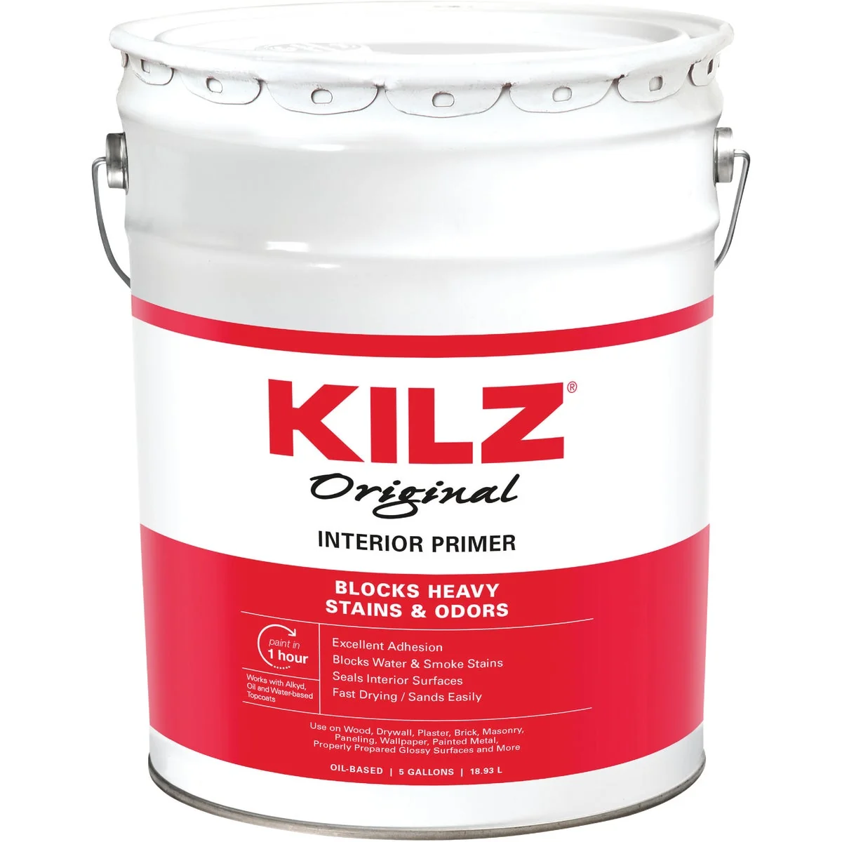 Original Kilz Oil-Based Interior Primer Sealer Stainblocker White 5 Gal. Lightweight