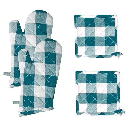 Pure Buffalo Plaid Check Oven Mitts and Pot Holders Set of 4 4 Count Excellent