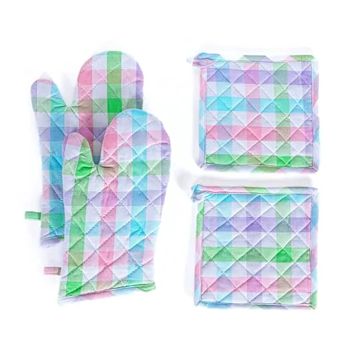Flexible 4 Piece Set Gingham Check 2 Oven Mitts 2 Potholders 4 Count Solid
