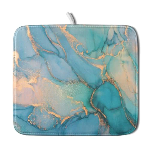 Top-Quality Marble Dish Drying Mat for Kitchen Counter Blue Teal Turquoise Gold Drying Mat 16 x 18 Inch Microfiber Dish Drying Pad Dish Rack Pad Drainer Mat for Coffee Bar Practical