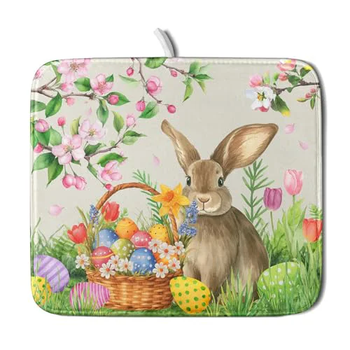 Certified Easter Bunny Colorful Eggs Dish Drying Mat for Kitchen Counter Minimalist