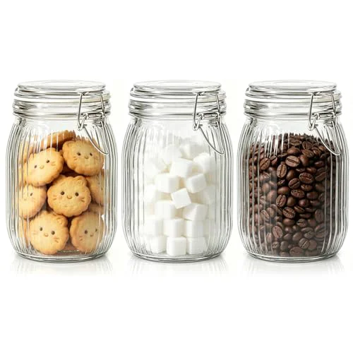 Proven Ribbed Glass Storage Jars Airtight Lids 34oz 3 Pack Pantry Flour 3 Count Efficient