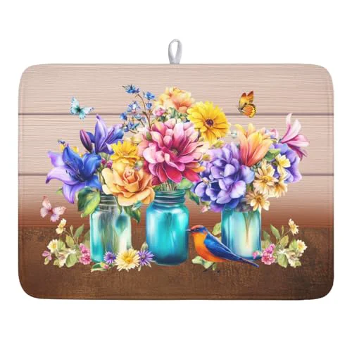 Relaxed Spring Colorful Flowers Dish Drying Mat for Kitchen Counter High-End
