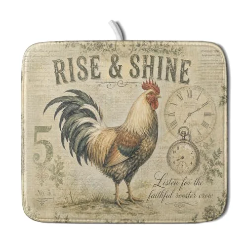 Top-Quality Farmhouse Rooster Dish Drying Mat 16 x 18 Inch with Hanging Loop High Absorbent Reversible Microfiber Dish Drying Pad Drainer Mat for Kitchen Counter Coffee Bar Innovative