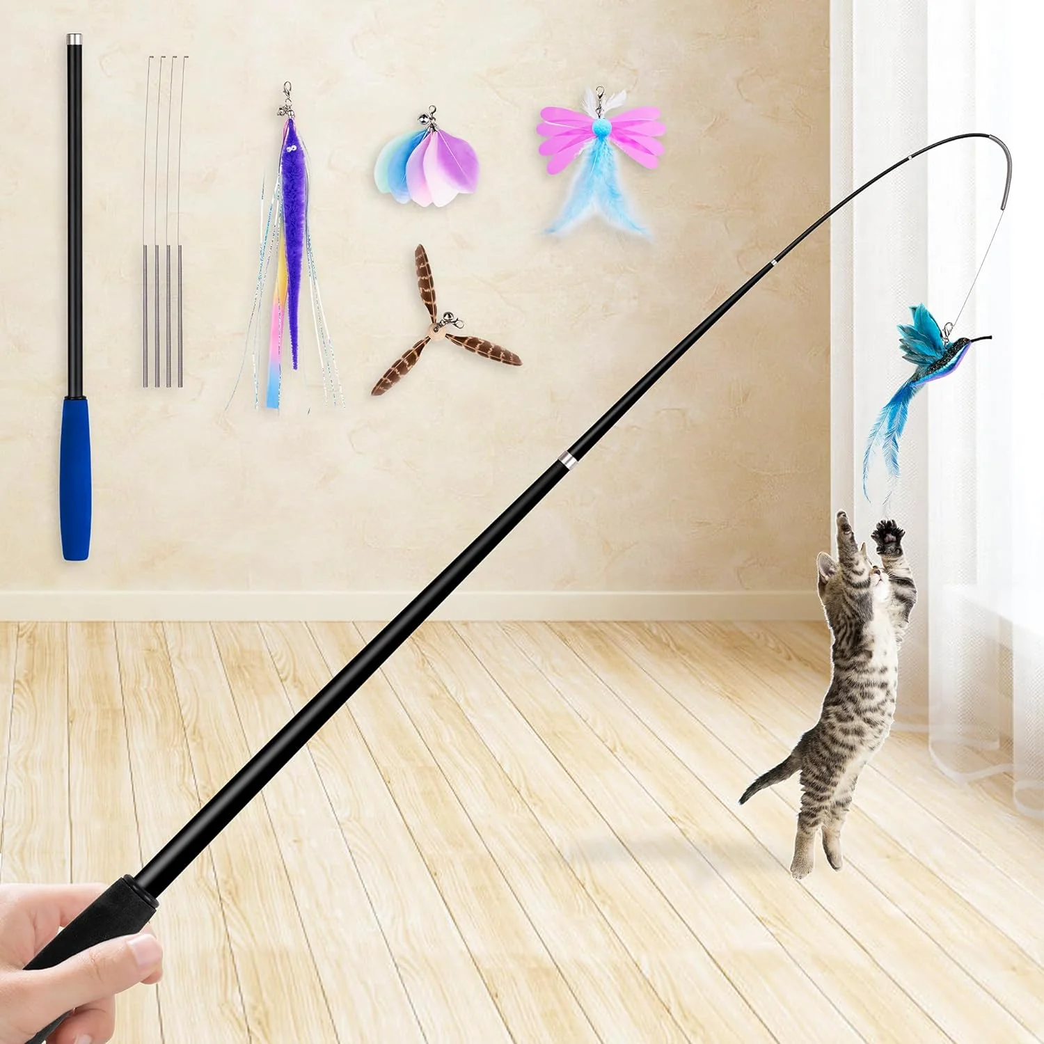 Elegant JXFUKAL 2025 Latest Cat Toys 2 in 1 Spring Cat Wand Toy with 2PCS Ultra-Long Cat Teaser 4PCS Spring Steel Wire 5PCS Feather Refills for Kitty Kitten Indoor Cats Accessories Selected