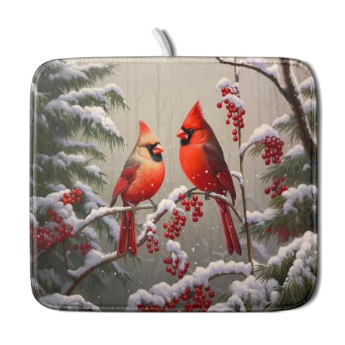 Modern Winter Red Cardinal Bird Dish Drying Mat for Kitchen Counter Quality