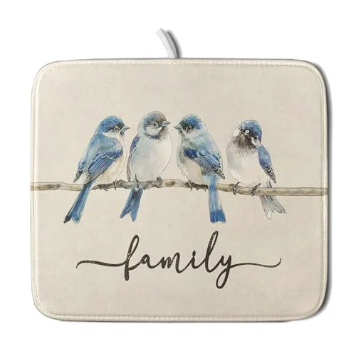 Pure Home Blue Bird Family Dish Drying Mat for Kitchen Counter Eco-Friendly