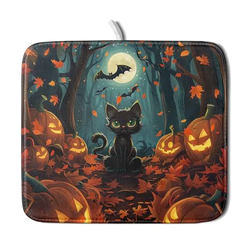 User-Friendly Halloween Black Cat Dish Drying Mat for Kitchen Counter Responsible