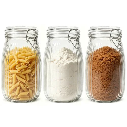 High-Quality Ribbed Glass Jars with Airtight Lids 51oz 3 Pack Wide Mouth Bulk 3 Count Recyclable