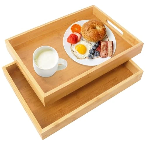 User-Friendly 2 Pack Large Bamboo Serving Tray with Handles 2 Count Easy-to-Use
