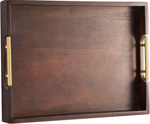Fine Crafted Acacia Wood Ottoman Tray with Handles 16.7 x 12.8 Environmentally Friendly
