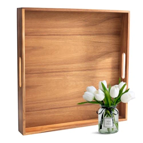 High-Performance Large Wooden Serving Tray for Ottoman Wooden Ottoman Tray 20INCH Acacia Square Tray with Handles Wooden Coffee Table Tray Multi First-Class