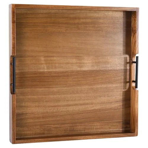 Professional Acacia Wood Ottoman Tray with Handles 22 x 22 Modern