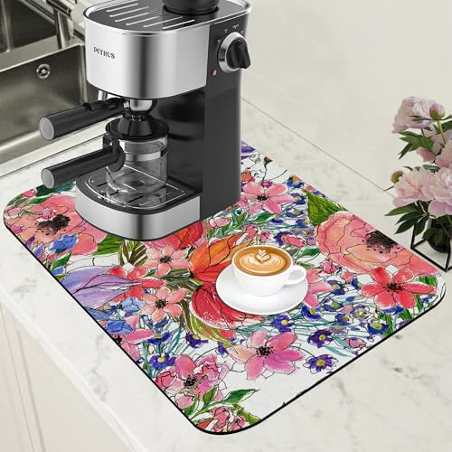 Prestigious Dish Drying Mat Watercolor Colorful Floral Coffee Bar Mat for Countertop Absorbent Coffee Mat Rubber Backed Hide Stain Dish Drainer Rack Mat Coffee Maker Coffee Pot Dining Room Decor 11.8 x 19.7 Inch Proven
