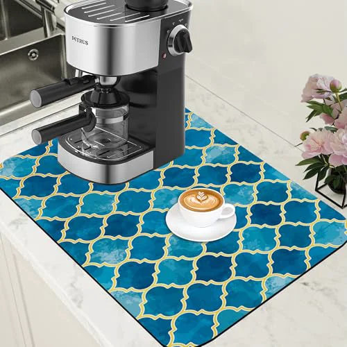 Functional Dish Drying Mat Blue Moroccan Tile Coffee Bar Mat for Countertop Absorbent Hide Stain Rubber Backed Dish Drainer Rack Pad Coffee Maker Espresso Machine Dining Room Decor 15.7 x 23.6 Inch Natural