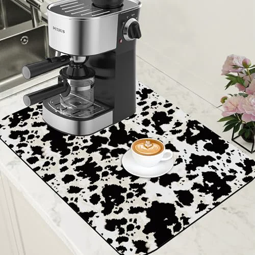 Excellent Dish Drying Mat Cow Print Coffee Bar Mat for Countertop Absorbent Drying Rack Pad Hide Stain Rubber Backed Dish Drainer Rack Pad Espresso Machine Dining Room Decoration 15.7 x 23.6 Inch Solid