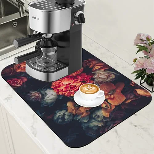 Authentic Vintage Rose Flower Coffee Mat Absorbent Dish Drying Mat for Kitchen Counter Hide Stain Rubber Backed Coffee Bar Accessories Fit Under Espresso Machine Elite