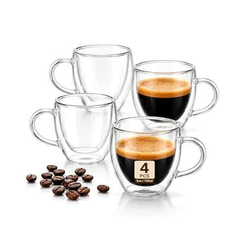 Environmentally Friendly 5oz Double Walled Glass Coffee Mugs with Handles 4 Count Practical
