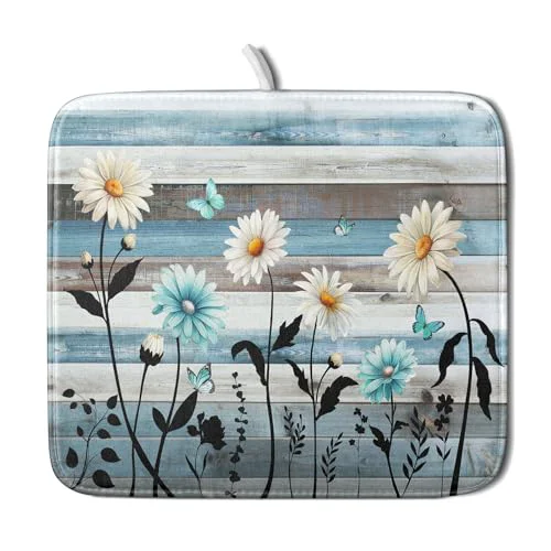 Natural Blue White Daisy Floral Dish Drying Mat for Kitchen Counter Reusable