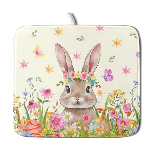 Superior Easter Dish Drying Mat for Kitchen Counter Spring Easter Holiday Dish Drying Mat 16X18 Inch Reversible Absorbent Dish Pad Spring Wildflowers Dishes Drainer Pad Dish Drying Rack Mat for Countertop Safe