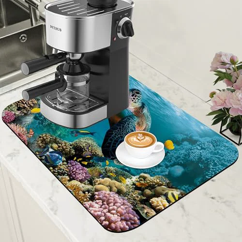 Sophisticated Sea Turtle Coffee Mat Absorbent Dish Drying Mat for Kitchen Counter Hide Stain Rubber Backed Coffee Bar Accessories Fit Under Espresso Machine Dish Rack High-End