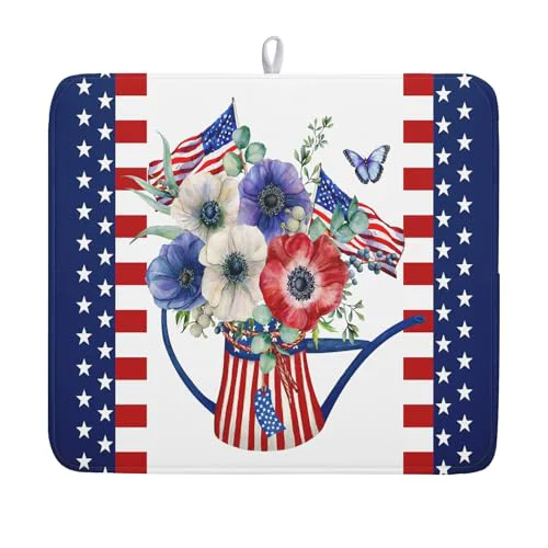 Quality American Flag 4th of July Dish Drying Mats for Kitchen Counter Patriotic Flowers Dry Dishes Pads 16x18 Inch Microfiber Absorbent Independence Day Drainer Pad Tableware Mats Protector for Countertops Organic