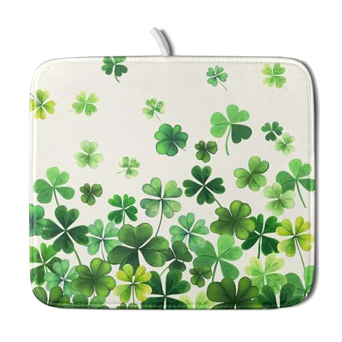 Prestigious Spring Sage Green Shamrocks Drying Mat 16x18 Inch St. Patrick's Day Irish Shamrock Clover Dish Rack Pad Super Absorbent Dish Drainer Mat Dish Drying Pad Mats Protector for Kitchen Counter Coffee Bar Classic