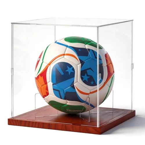 Modern Full Size Acrylic Soccer Ball Display Case Solid Wood Base Fine Crafted