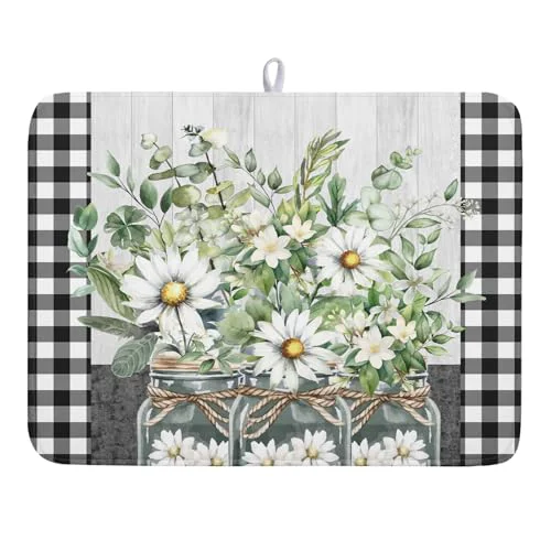 Exclusive Daisy Floral Dish Drying Mat for Kitchen Counter Watercolor Flowers Absorbent Dishes Drainer Rack Mat 18x24 Inch Microfiber Dish Drying Pads Spring Kitchen Drying Dishes Pad Countertops Authentic