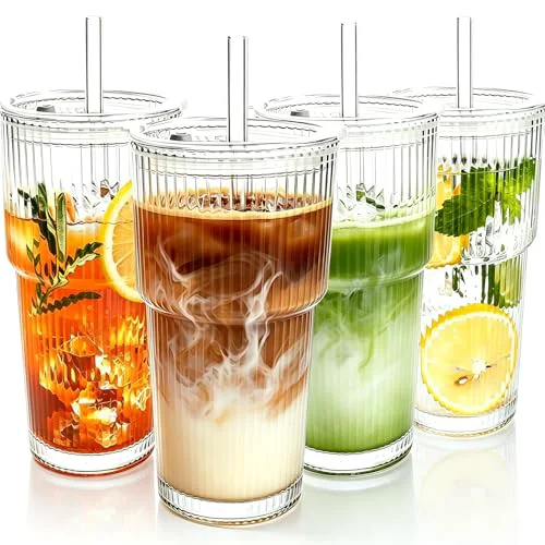 Practical 4PCS 20oz Glass Cups with Lids and Straws 4 Count Stylish