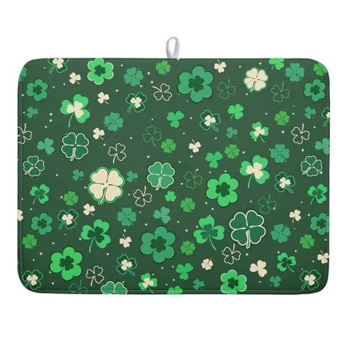 Official Happy St. Patrick's Day Dish Drying Mat for Kitchen Green Lucky Shamrock Clover Dish Drying Mat for Dishes Spring Irish Drying Mats 18x24 Inch Absorbent Reversible Dish Pad for Countertop Coffee Bar Prestigious