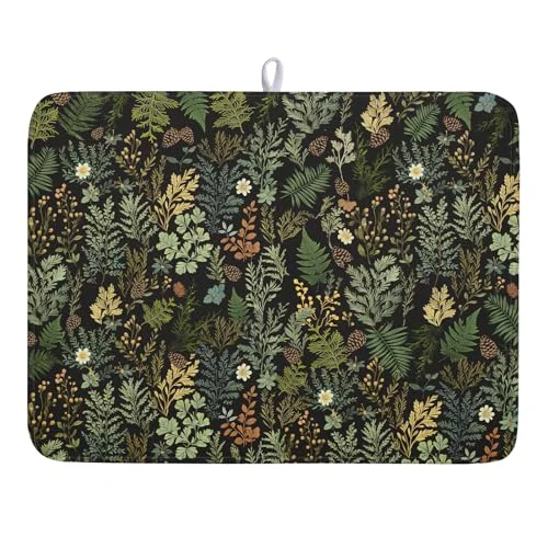 Contemporary Black Green Botanical Dish Drying Mat for Kitchen Counter 18x24 Inch Super Absorbent Microfiber Kitchen Drying Mat Green Plant Fern Leaves Floral Dish Reusable Washable Dish Drying Pad for Coffee Bar Organic