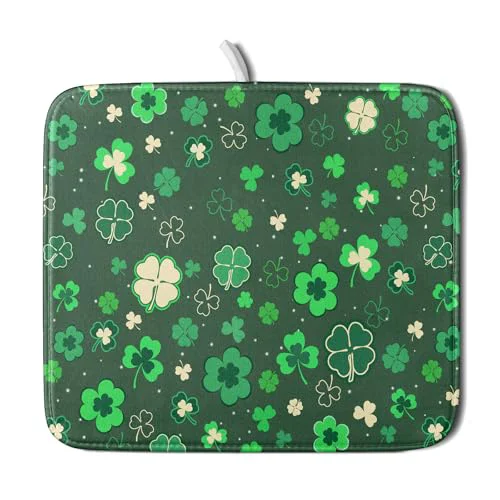Functional Happy St. Patrick's Day Dish Drying Mat for Kitchen Green Lucky Shamrock Clover Dish Drying Mat for Dishes Spring Irish Drying Mats 18x16 Inch Absorbent Reversible Dish Pad for Countertop Coffee Bar Consistent