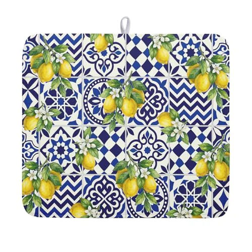 Fast Lemon and Blue Tile Dish Drying Mat 16x18 Inch Absorbent Reversible Mexican Tilt Drying Mat Blue White Italy Lemons Dish Drying Rack Mat Summer Themed Dish Drainer Mat for Kitchen Counter Coffee Bar Enhanced