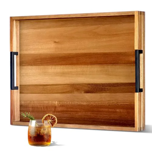 Solid 22 in Acacia Wooden Serving Tray with Black Metal Handles Practical