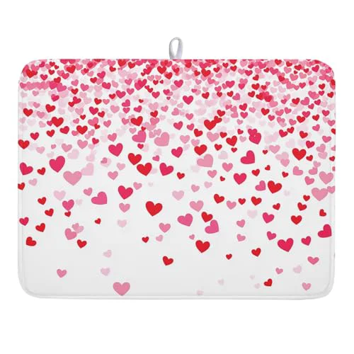 Authentic Valentine's Day Dish Drying Mat for Kitchen Counter Love Heart Kitchen Dish Drying Pad 18 x24 Absorbent Reversible Happy Valentine Dishes Drainer Pad Dish Drying Rack Mat for Countertop Minimalist